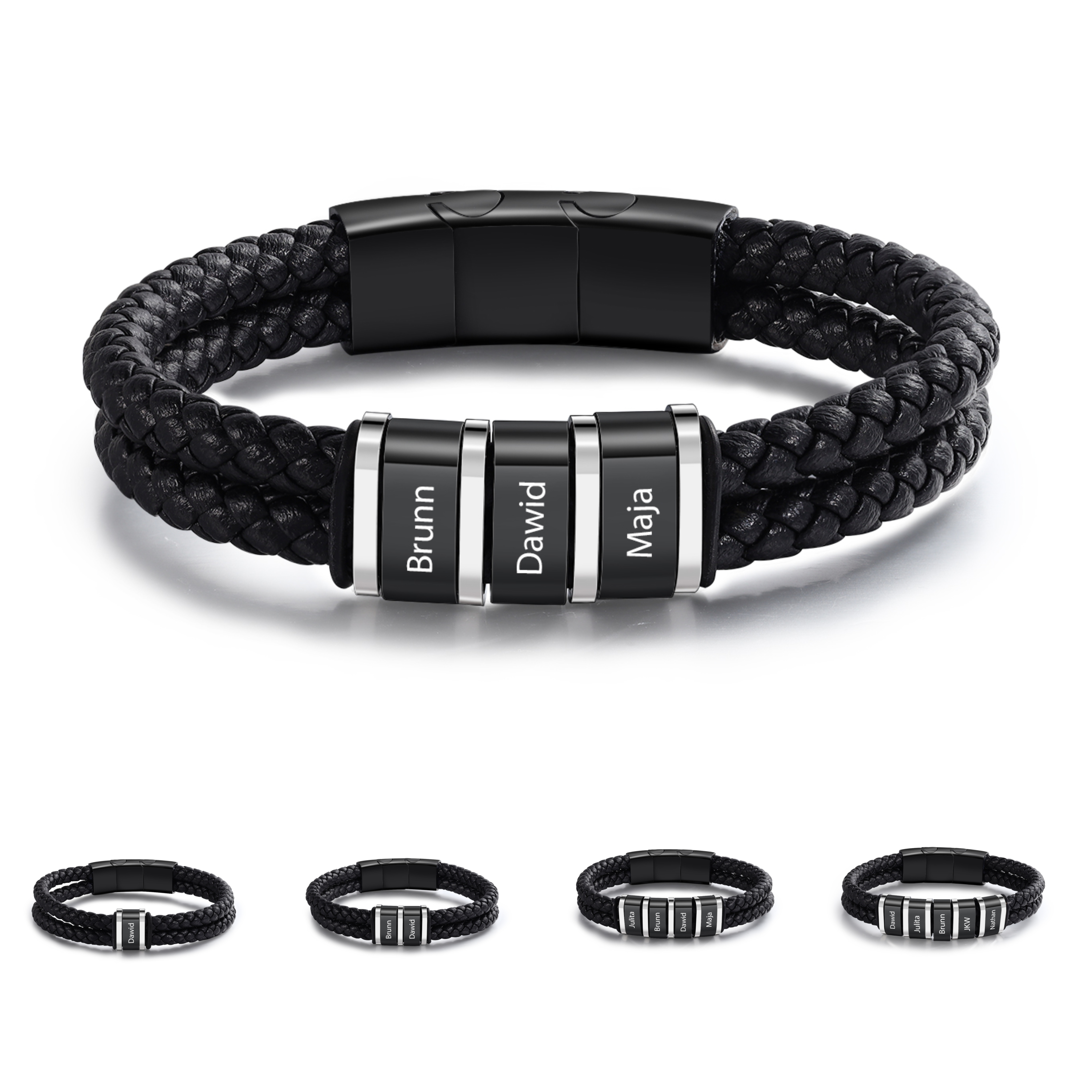 3 Names - Men's Leather Bracelet Custom Names Beaded Bracelet Adjustable Personalised Gift for Him-Jessemade AU