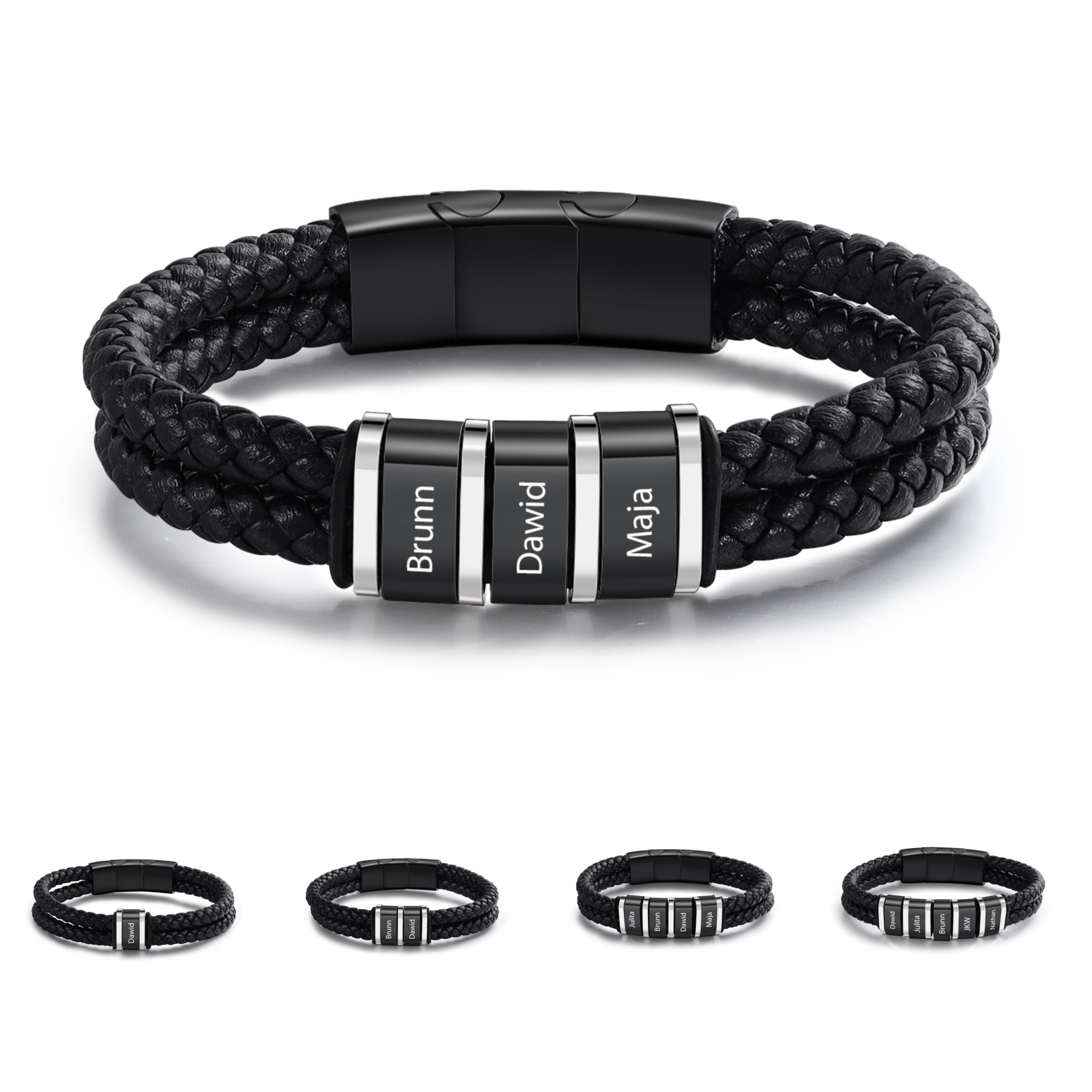 3 Names - Men's Leather Bracelet Custom Names Beaded Bracelet Adjustable Personalised Gift for Him-Jessemade AU