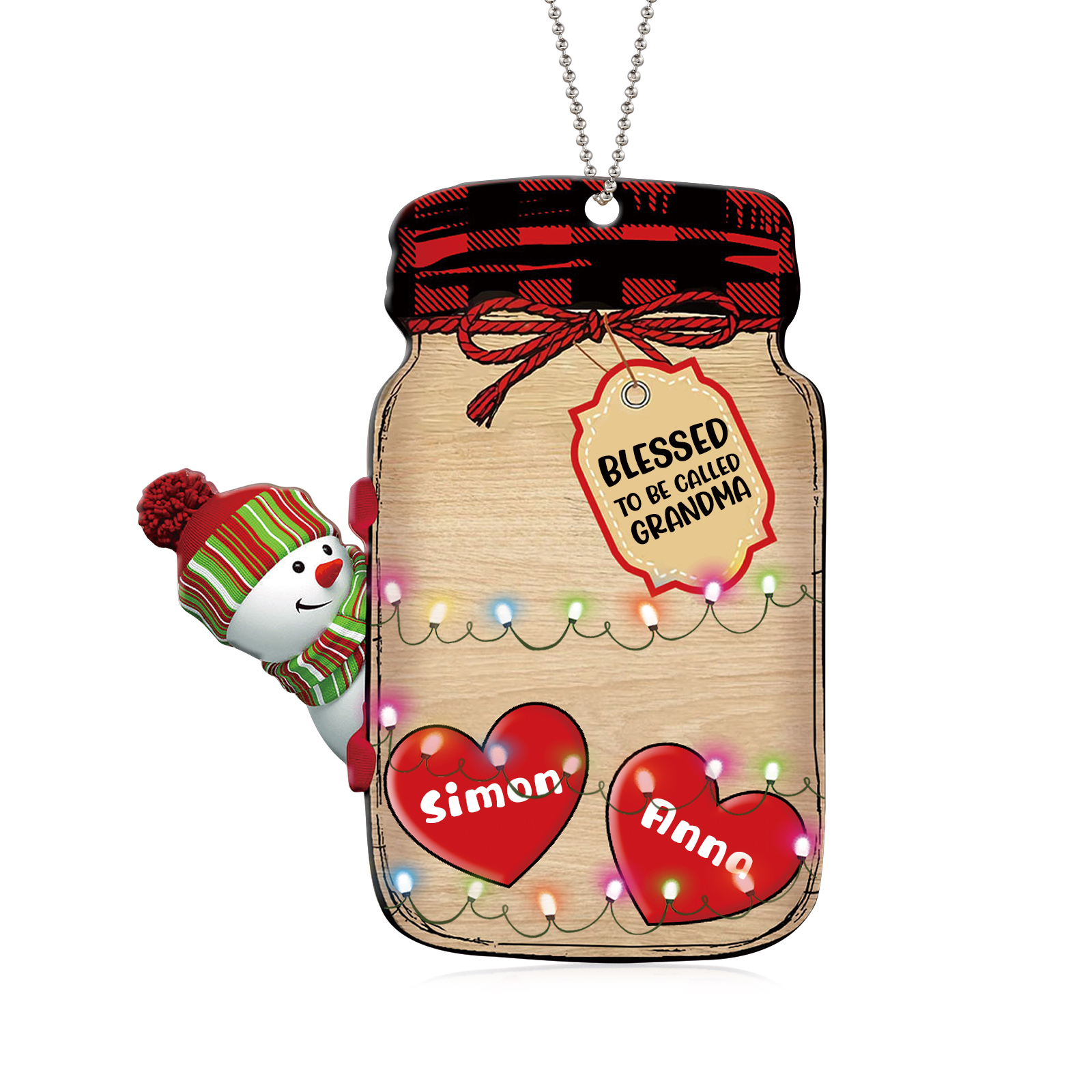 2 Names - Personalised Heart Christmas Ornament Customised Name & Text Acrylic Snowman Hanging Ornaments Jar Gift for Family-Jessemade AU