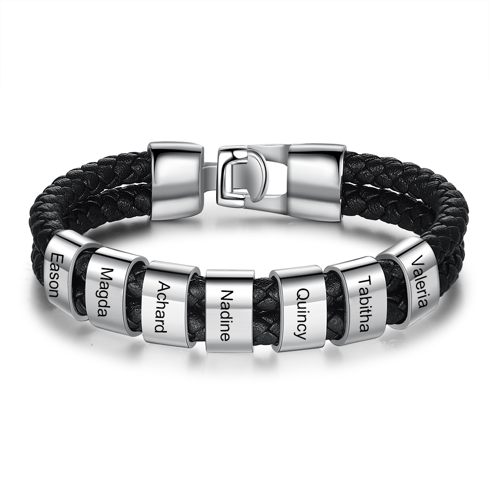 Personalised Braided Leather Bracelet Engraved 7 Names Men's Bracelet Gifts For Him