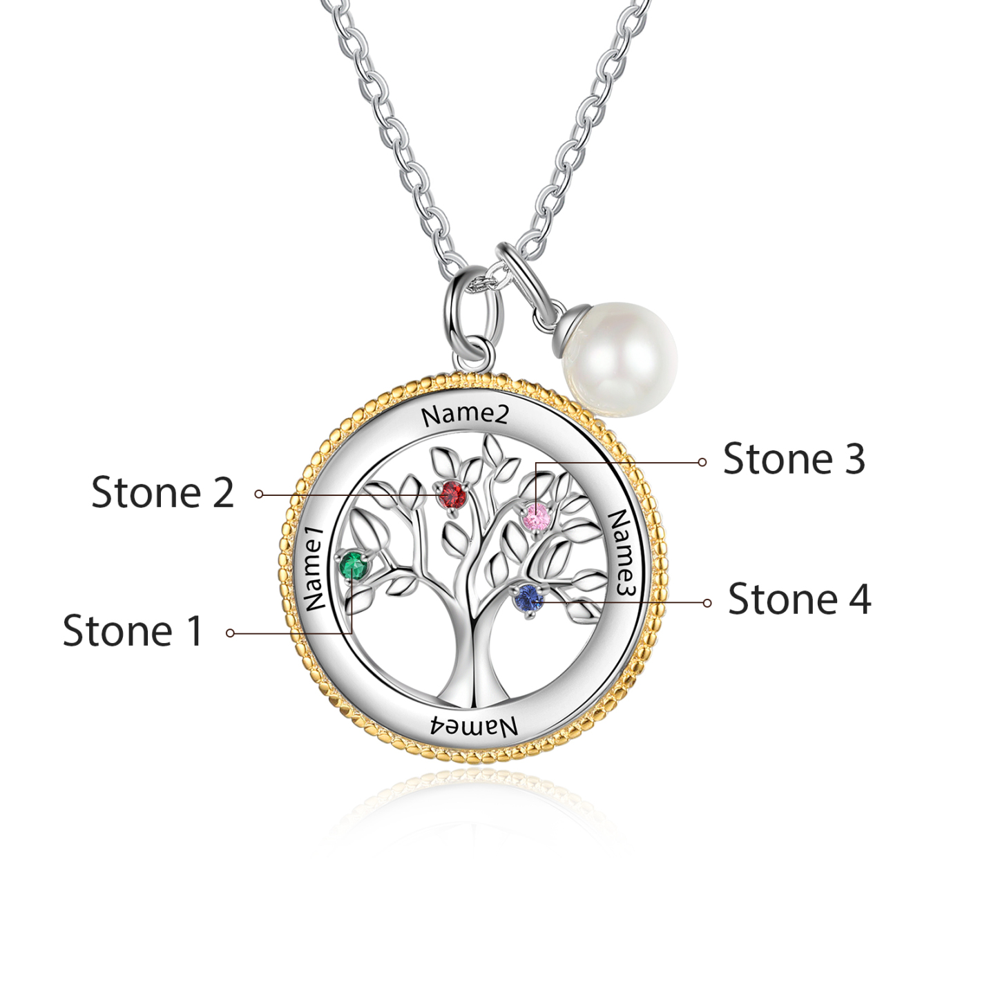 Personalised Family Tree Necklace With 4 Birthstones Engraved Names Necklace Gift For Women-Jessemade AU