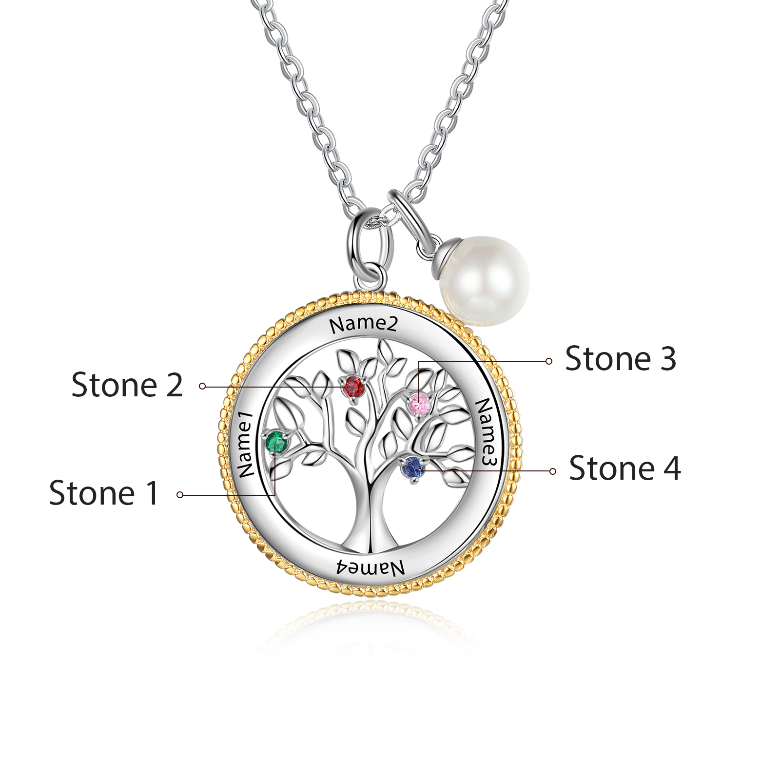 Personalised Family Tree Necklace With 4 Birthstones Engraved Names Necklace Gift For Women-Jessemade AU