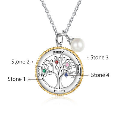 Personalised Family Tree Necklace With 4 Birthstones Engraved Names Necklace Gift For Women-Jessemade AU