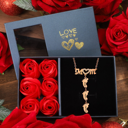 Mother Necklace with 3 Baby Feet Pendants Engraved 3 Names Mom Rose Gift Set-Jessemade AU