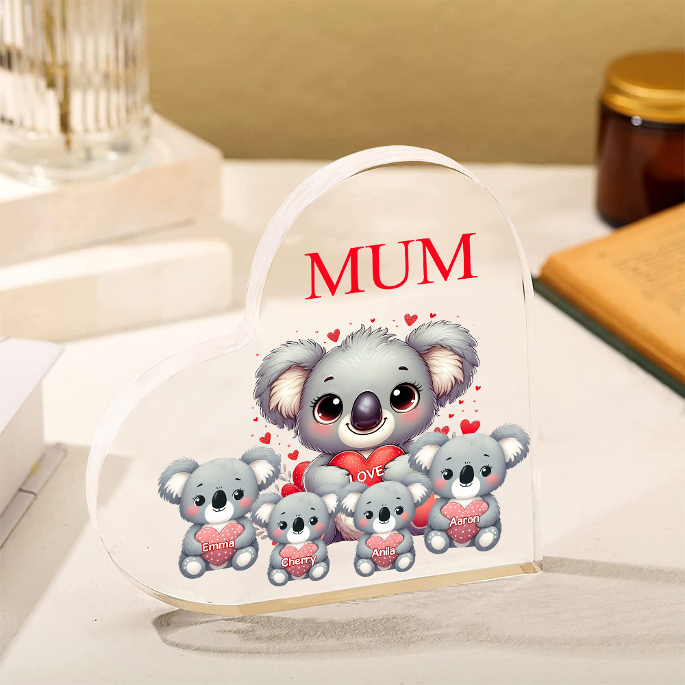 Personalised Acrylic Heart Keepsake Custom 1 Text & 4 Names Ornament Koala Family Gifts for Mother/Grandma-Jessemade AU