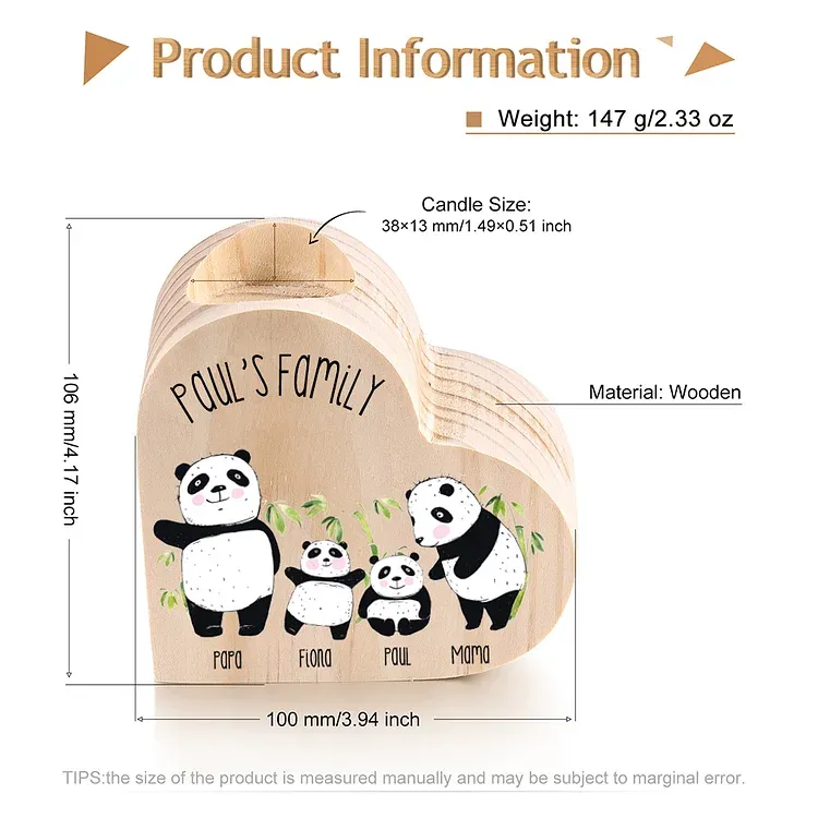 Family Panda Heart Candle Holder Personalised Wooden Candlestick Custom 4 Names-Jessemade AU