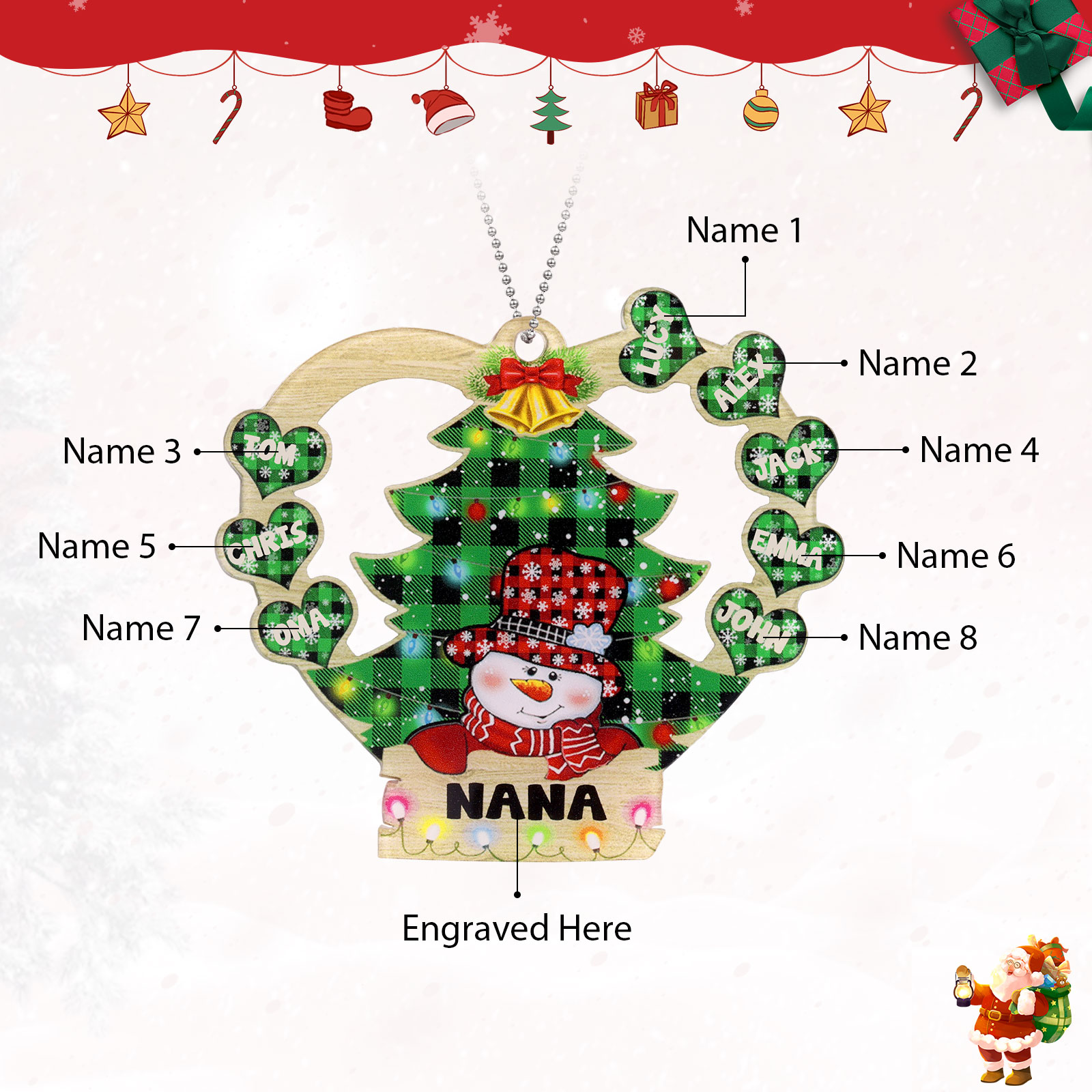 8 Names - Personalised Heart Christmas Tree Ornament Customised Name & Text Acrylic Snowman Hanging Ornaments Gift for Family-Jessemade AU