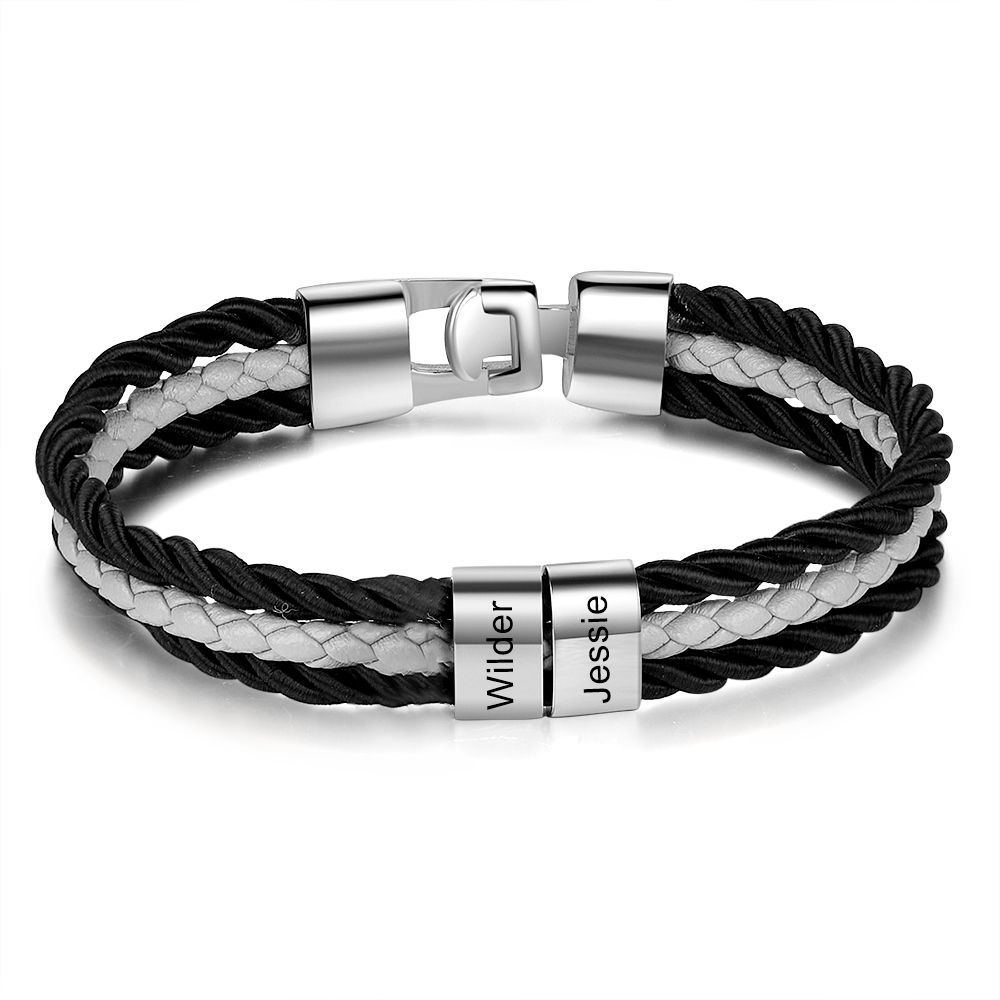 Mens Leather Bracelet Braided Layered Leather with 2 Beads Silver and Gold-Jessemade AU