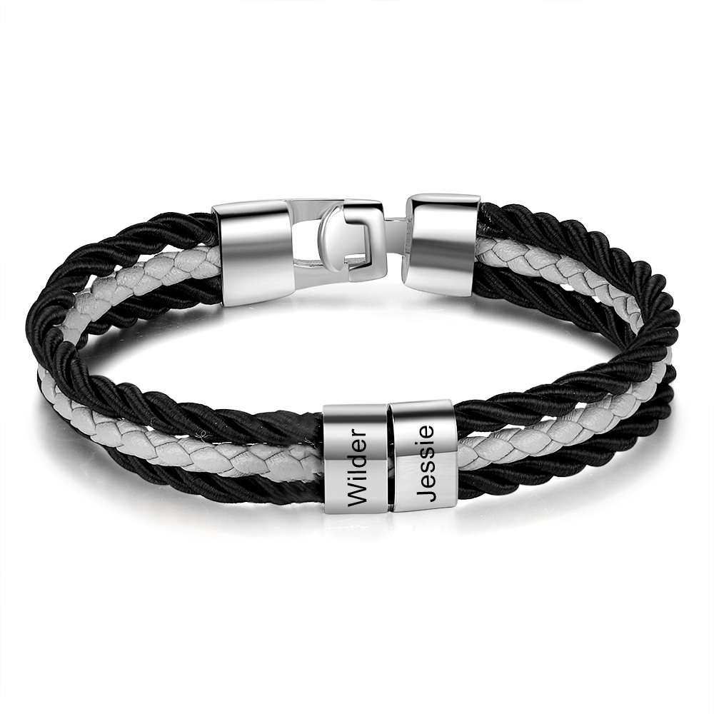 Mens Leather Bracelet Braided Layered Leather with 2 Beads Silver and Gold-Jessemade AU