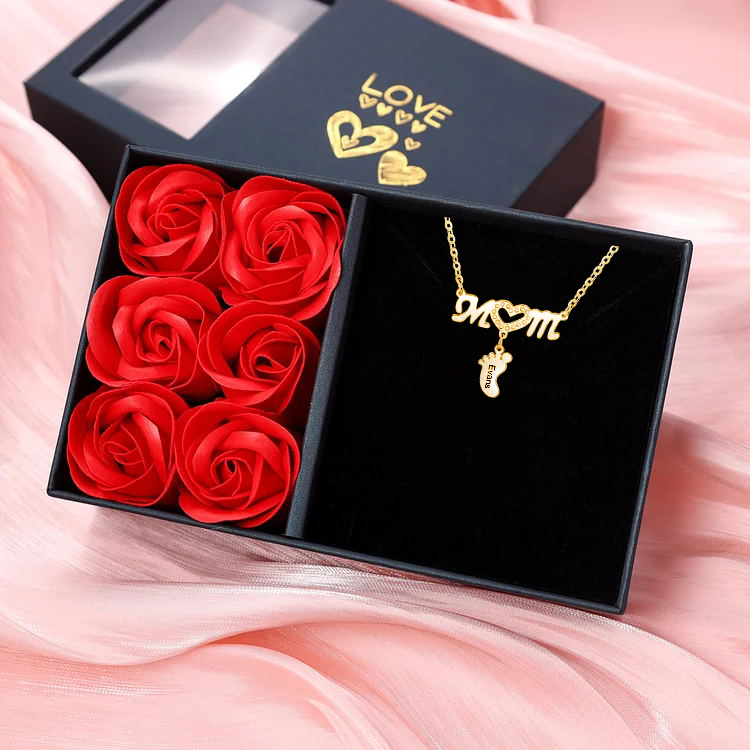 Mother Necklace with 1 Baby Foot Pendant Engraved 1 Name Rose Gift Set