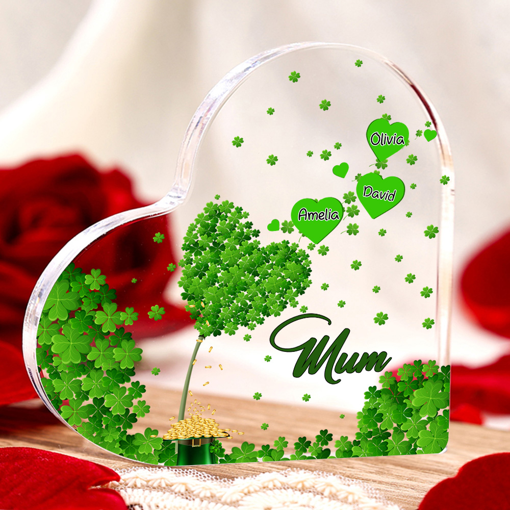 3 Names - Personalised Acrylic Heart Keepsake Custom Text Four-Leaf Clover Ornament Gift for Mother/Grandma-Jessemade AU