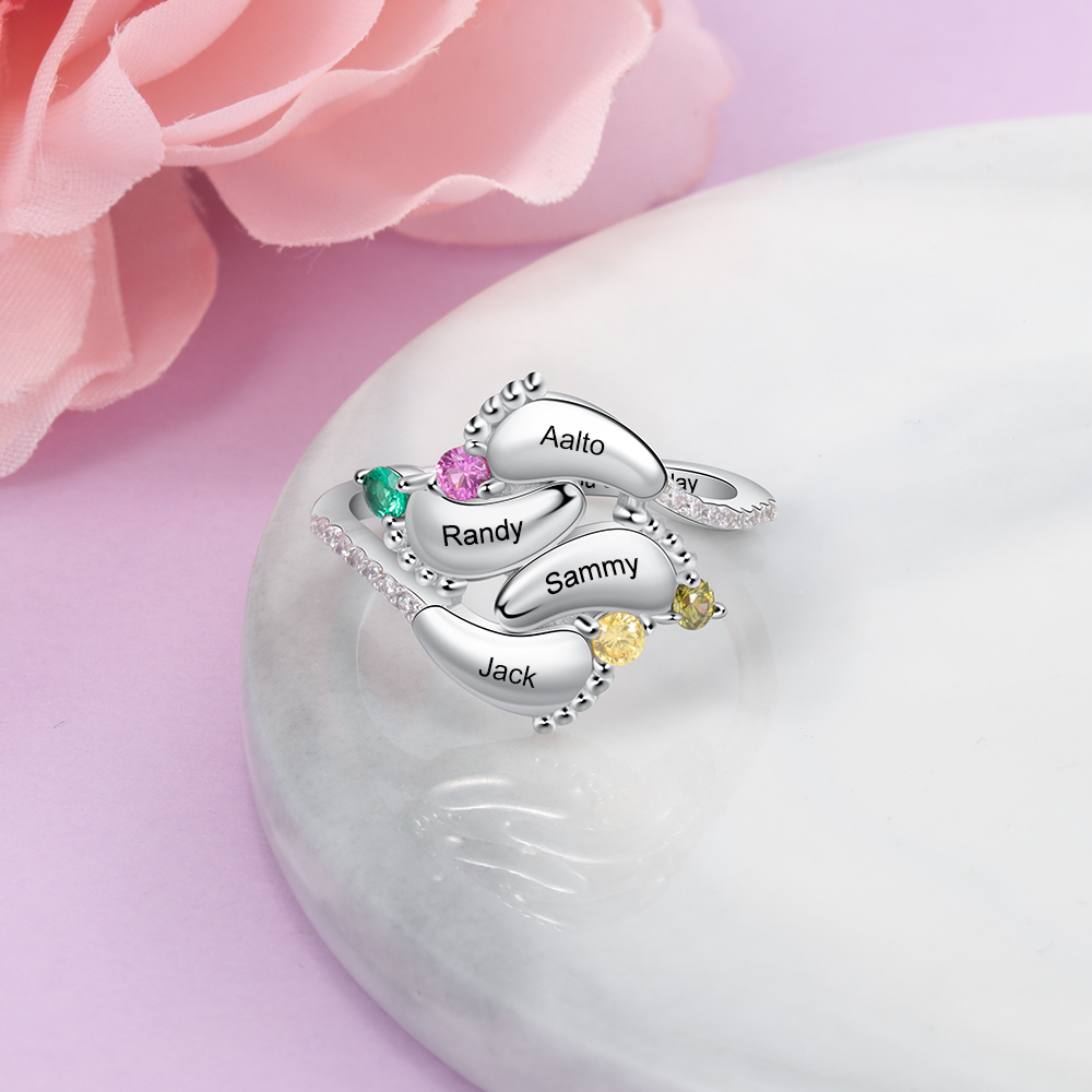 Personalised Baby Foot Ring With 4 Birthstones Engraved Names Ring Gift For Women-Jessemade AU