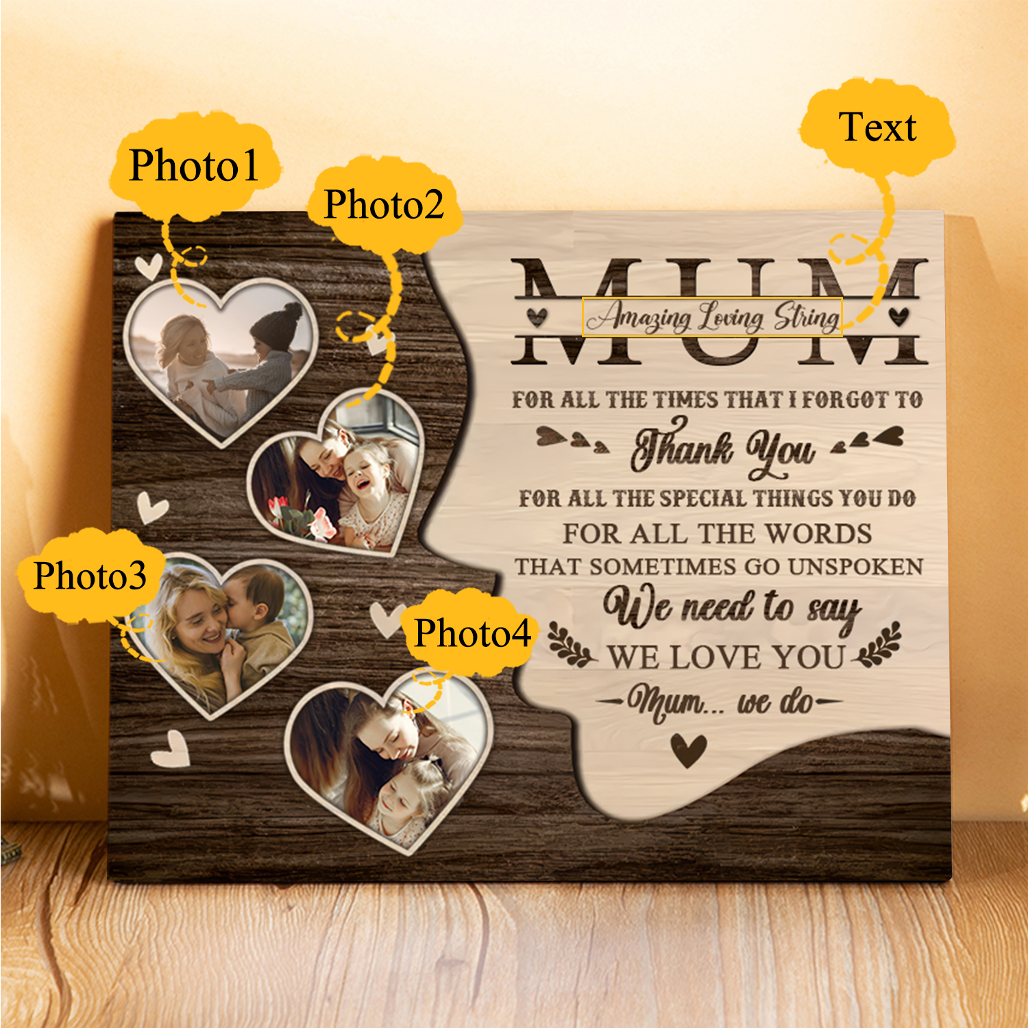 Personalised 4 Photos & 1 Text Wooden Plaque Custom Hearts Home Decor Gifts for Mum - For All The Times That I Forgot To Thank You-Jessemade AU
