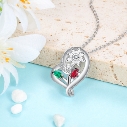 Personalised Heart Flower Necklace With 2 Birthstone Engraved Names Gift For Her-Jessemade AU