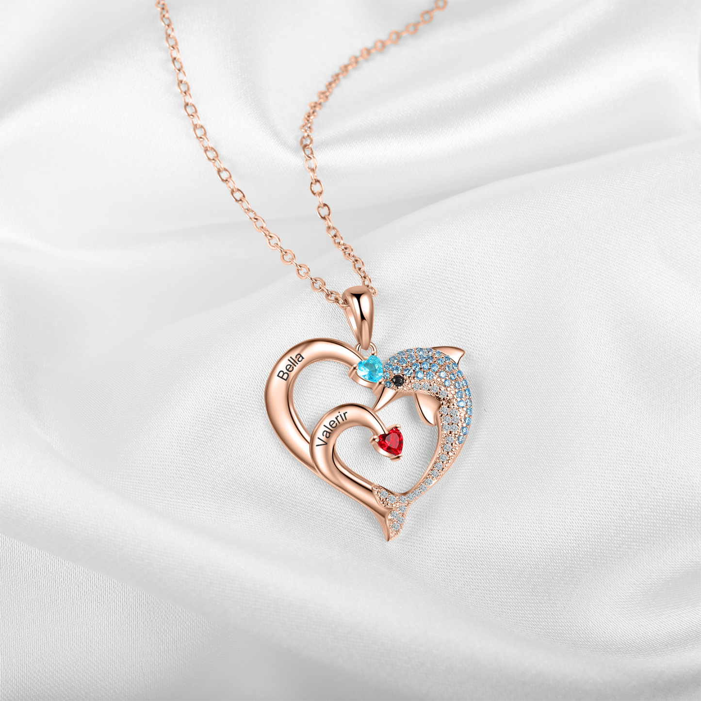 Personalised Heart Dolphin Necklace With 2 Birthstones Engraved Names Gift For Her-Jessemade AU