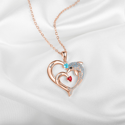 Personalised Heart Dolphin Necklace With 2 Birthstones Engraved Names Gift For Her-Jessemade AU