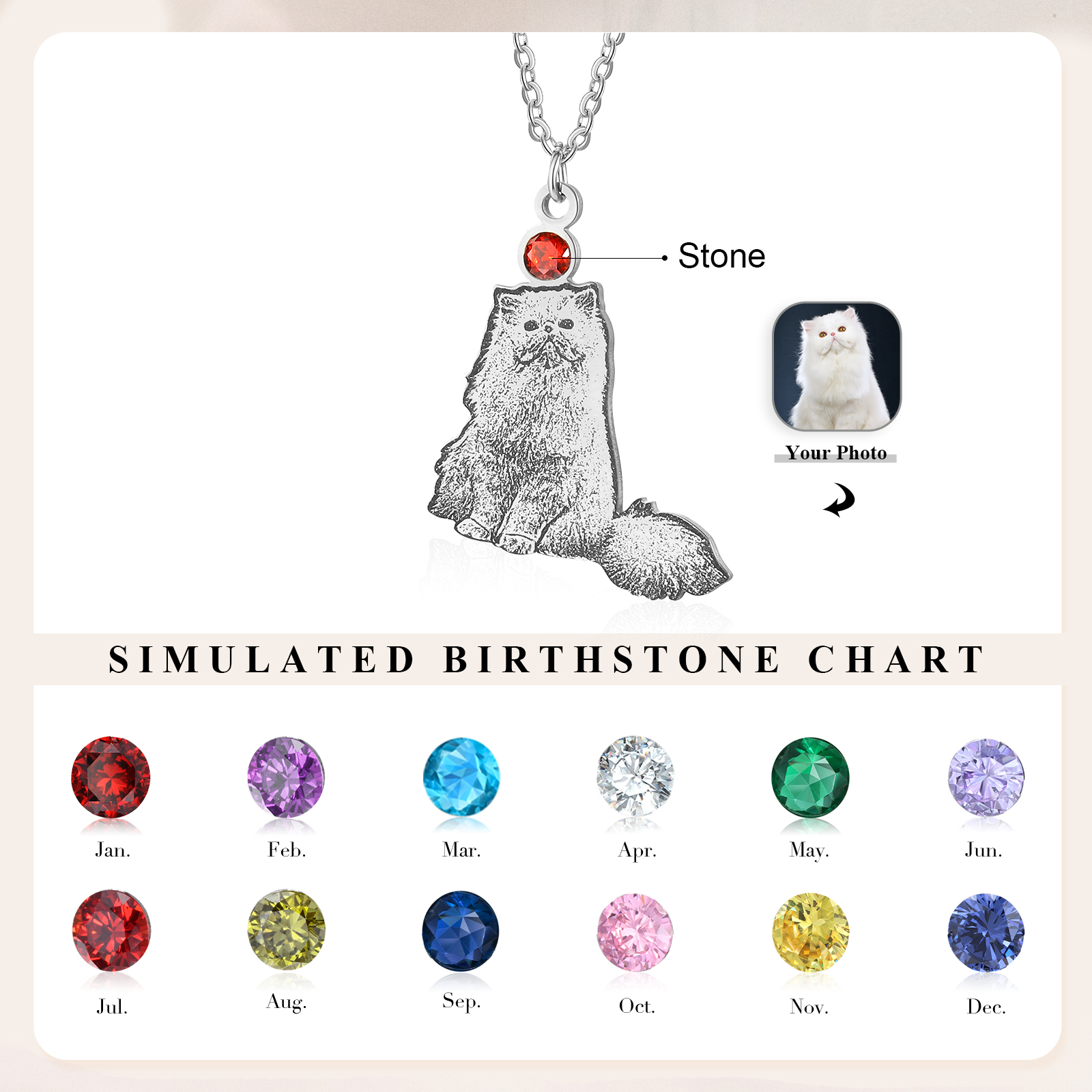 Pet Personalised Photo & Birthstone Necklace Custom Dog Cat Pendant Necklace Gifts for Ladies Girls-Jessemade AU