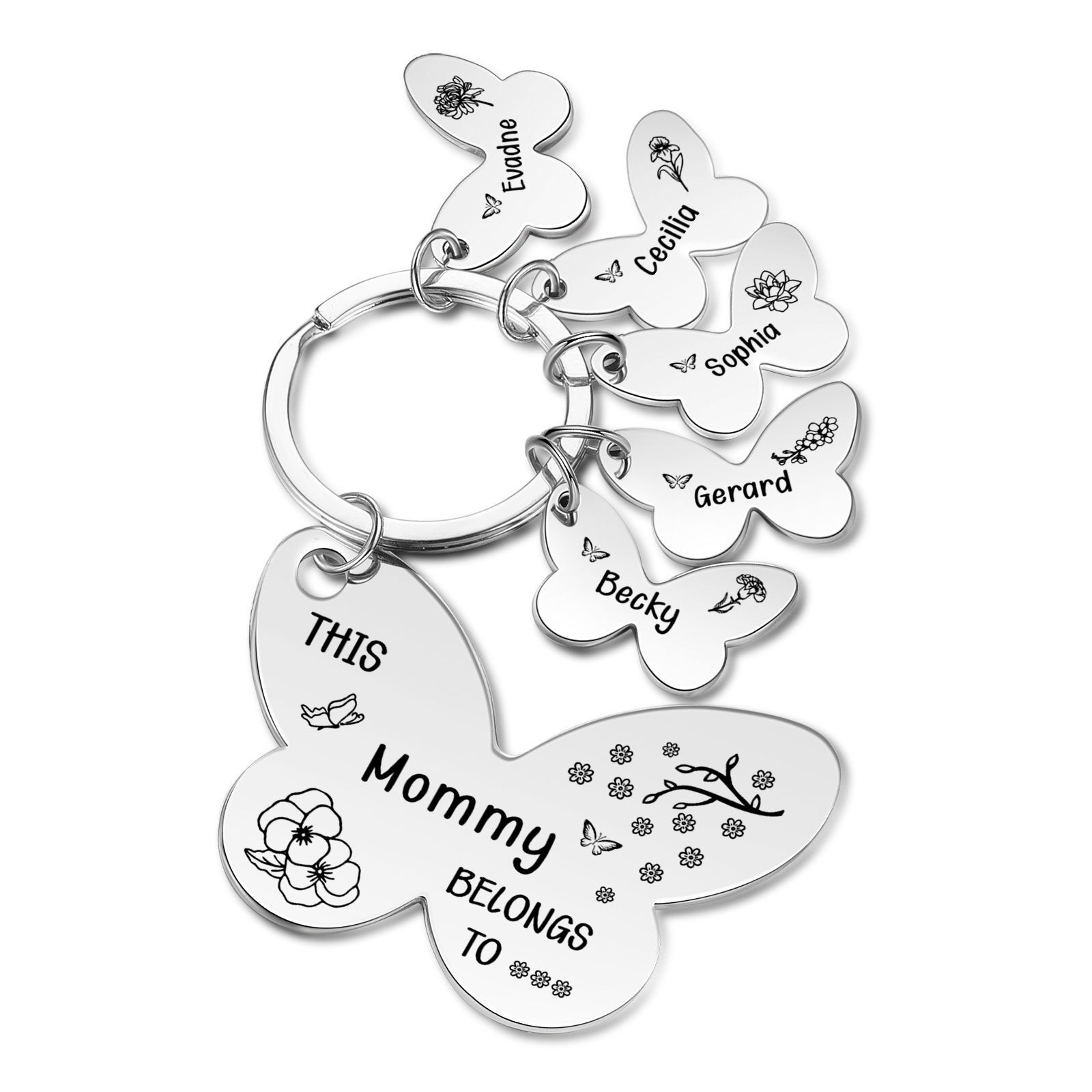 Personalised 5 Names & 5 Birthday Flowers & 1 Text Keychain Custom Butterfly Family Keychain Gift for Mother/Grandma-Jessemade AU