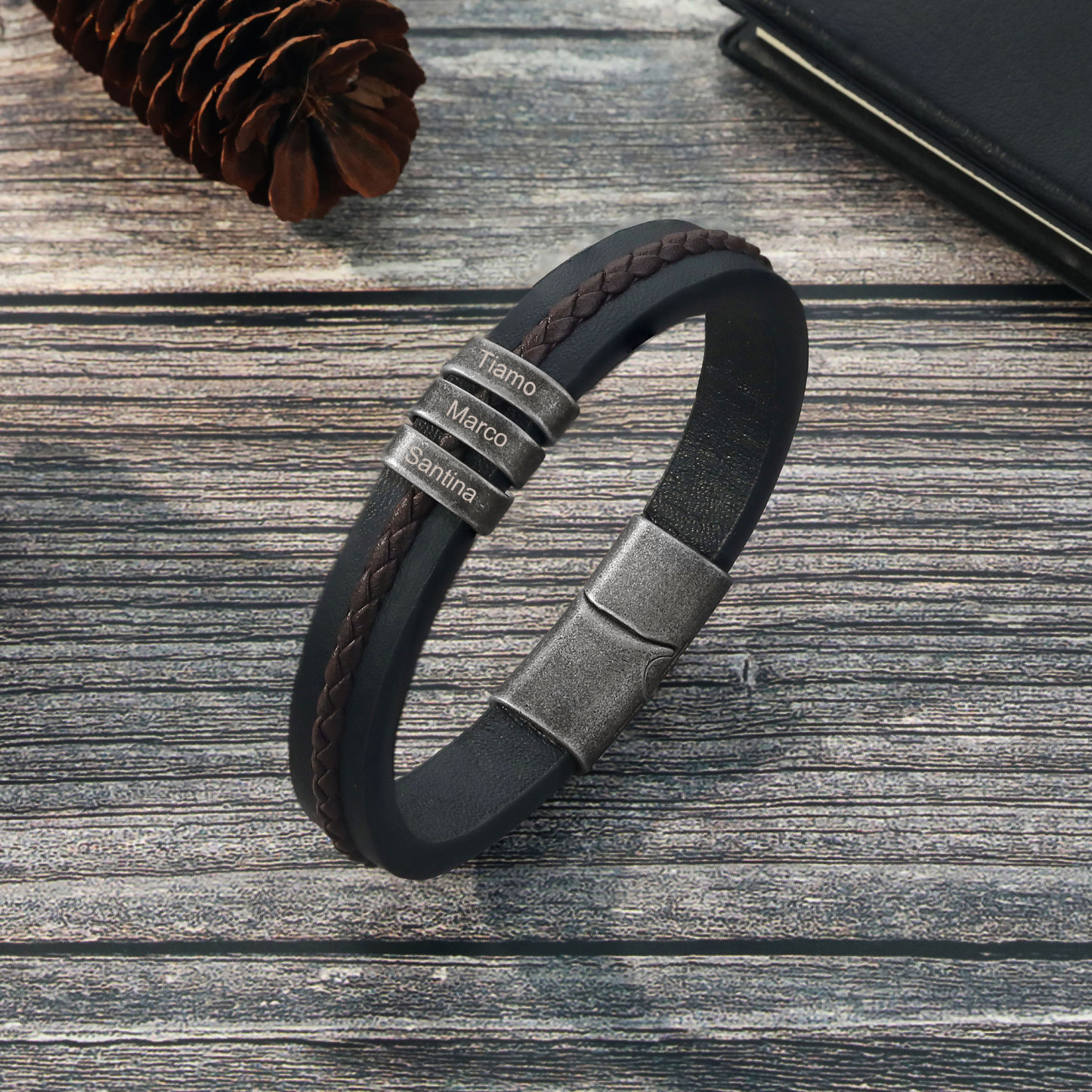 3 Names - Personalised Men's Leather Bracelet Custom Text Beaded Bracelets Vintage Gift for Him