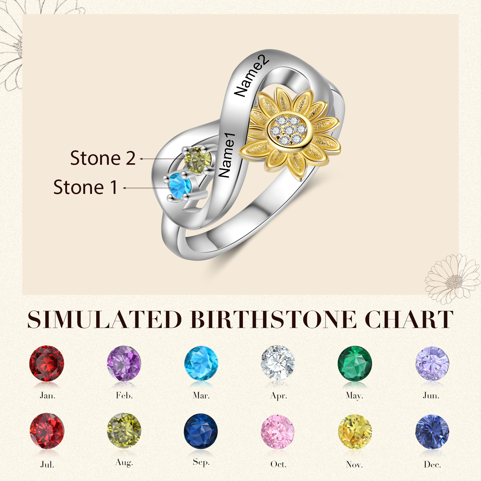 Personalised 2 Birthstones Sunflower Ring Engraved Names Infinity Ring Gifts For Her-Jessemade AU