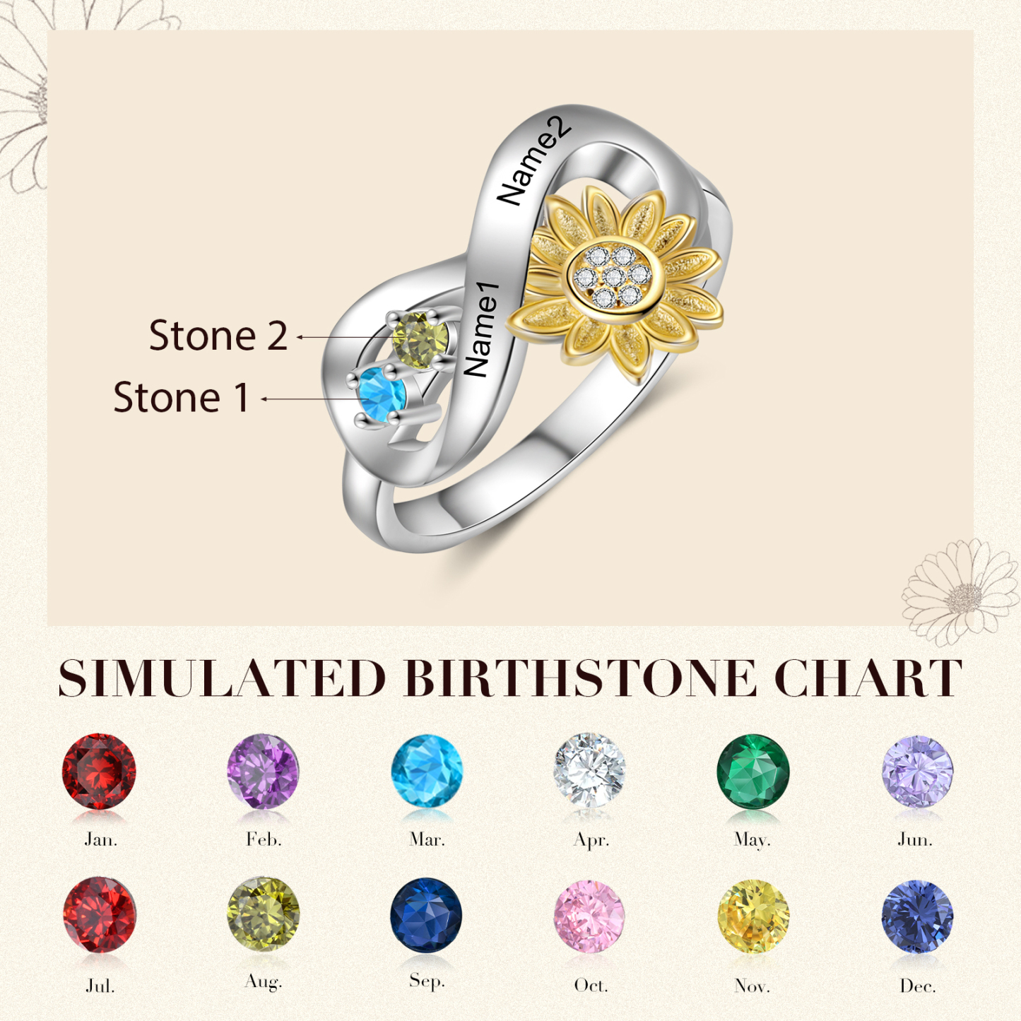Personalised 2 Birthstones Sunflower Ring Engraved Names Infinity Ring Gifts For Her-Jessemade AU