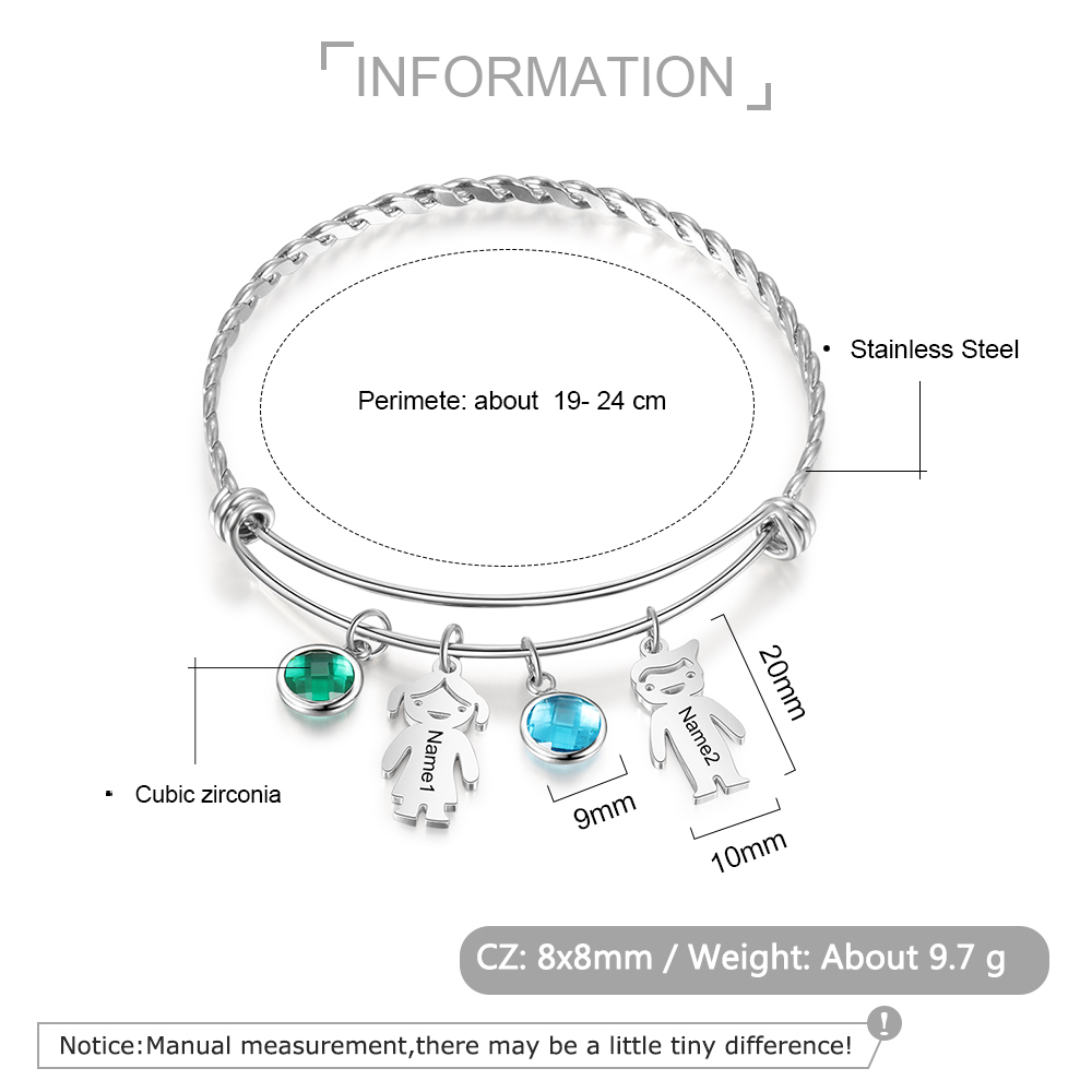 Mother's Day Personalised Kid Charms Bangle Bracelet With Names Customised 2 Birthstones Gift For Women-Jessemade AU