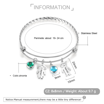 Mother's Day Personalised Kid Charms Bangle Bracelet With Names Customised 2 Birthstones Gift For Women-Jessemade AU