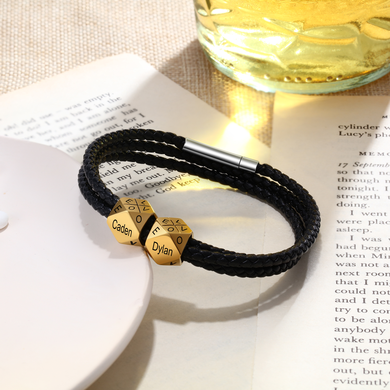 Personalised Braided Leather Bracelet Engraved 4 Names polyhedron Men's Bracelet Gifts For Him-Jessemade AU