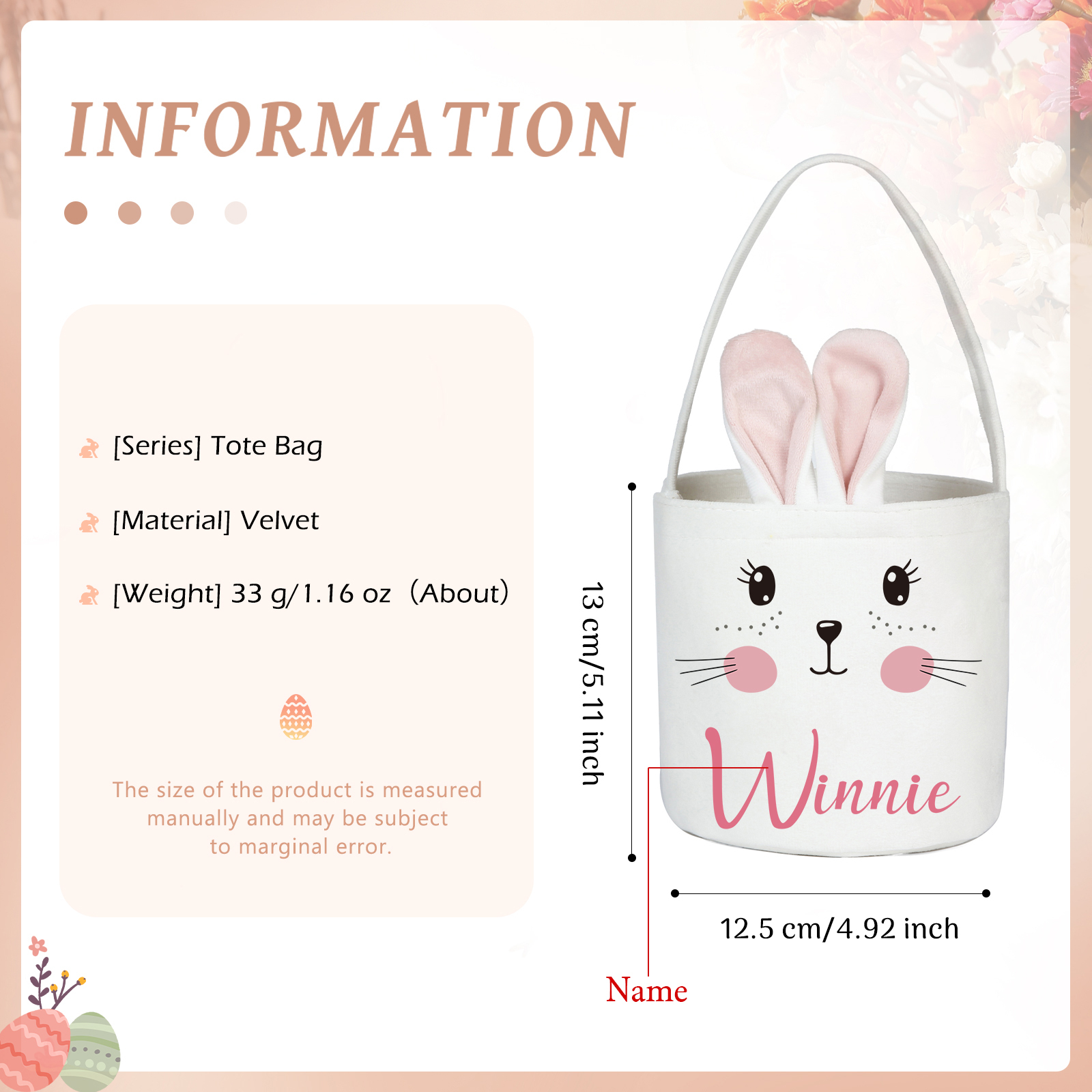 Personalised Bunny Tote Bag Custom Name Bucket Bag Bunny Basket Easter Gifts-Jessemade AU