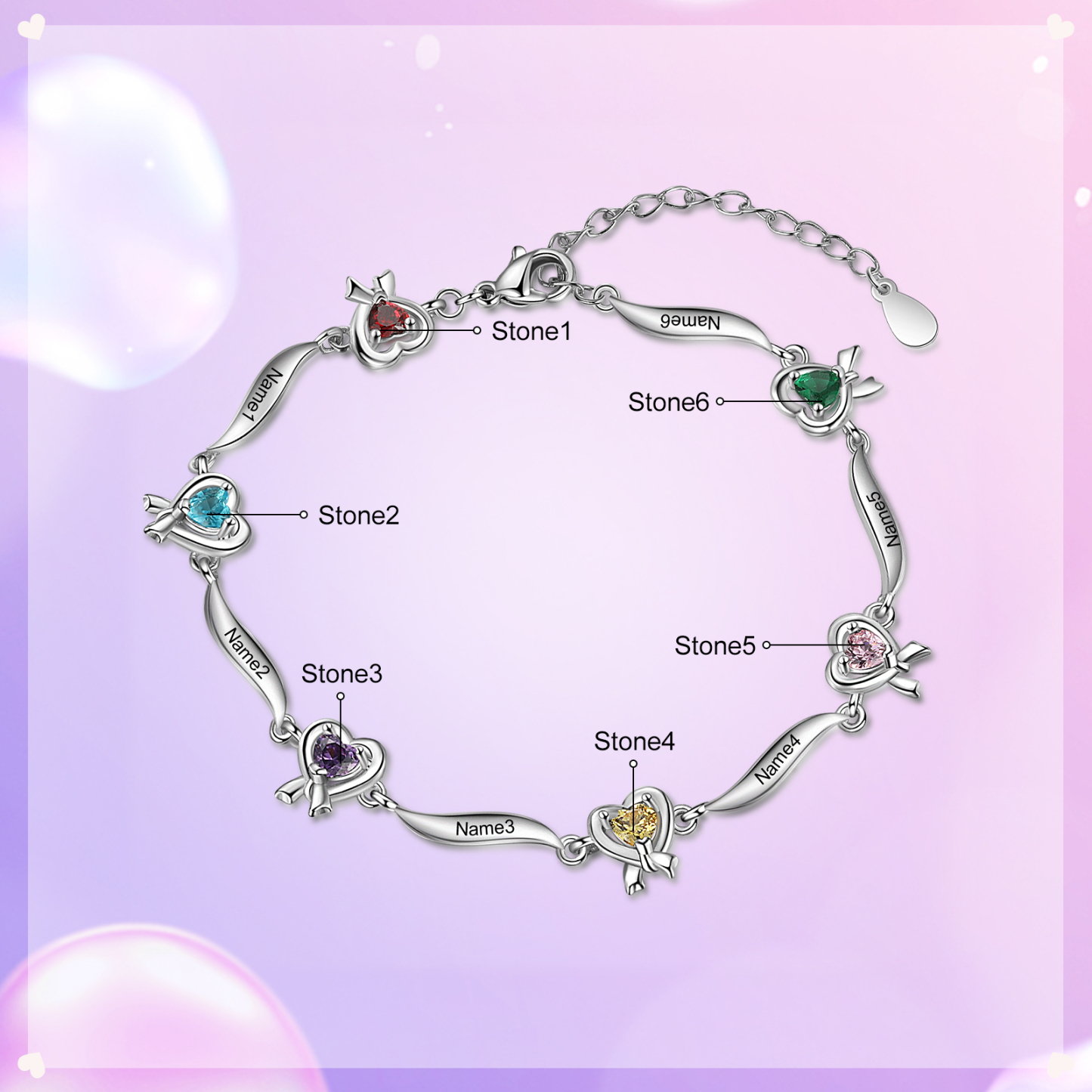 Personalised Heart Bracelet with 6 Birthstones Engraved Names Bracelet Gifts For Her-Jessemade AU