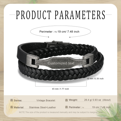 Vintage Men's Leather Bracelet Custom Text Stainless Steel Bracelet Personalised Gift for Him-Jessemade AU