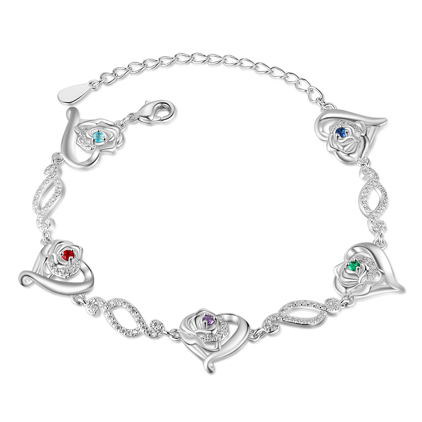 Flowers Bracelet Personalised 5 Birthstones Bracelet Engraved Names Flowers Charm Gifts For Her-Jessemade AU