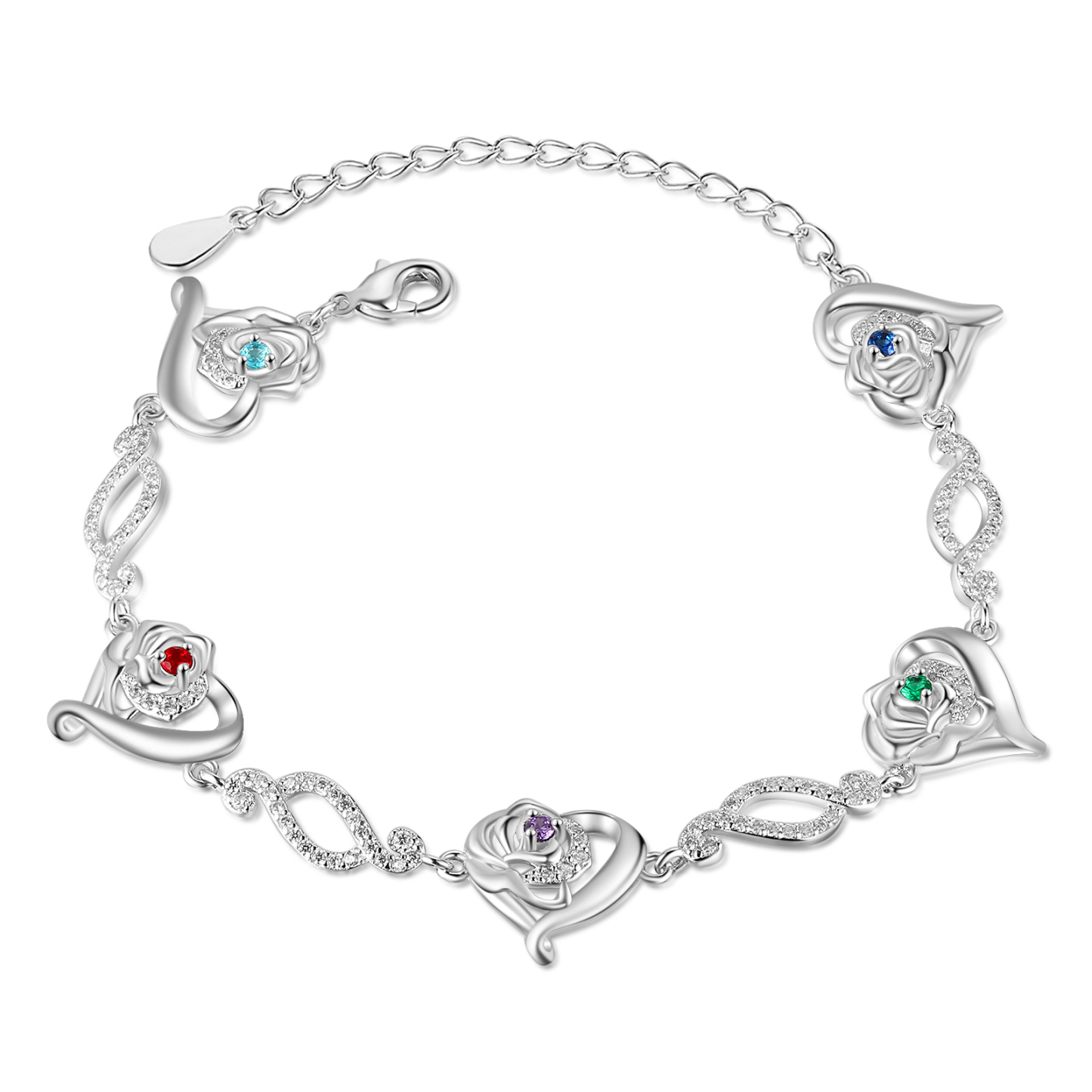 Flowers Bracelet Personalised 5 Birthstones Bracelet Engraved Names Flowers Charm Gifts For Her-Jessemade AU