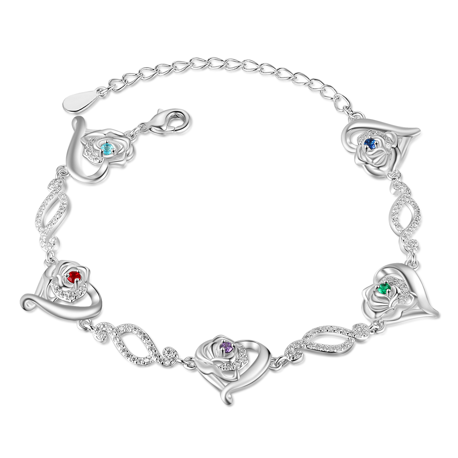 Flowers Bracelet Personalised 5 Birthstones Bracelet Engraved Names Flowers Charm Gifts For Her-Jessemade AU