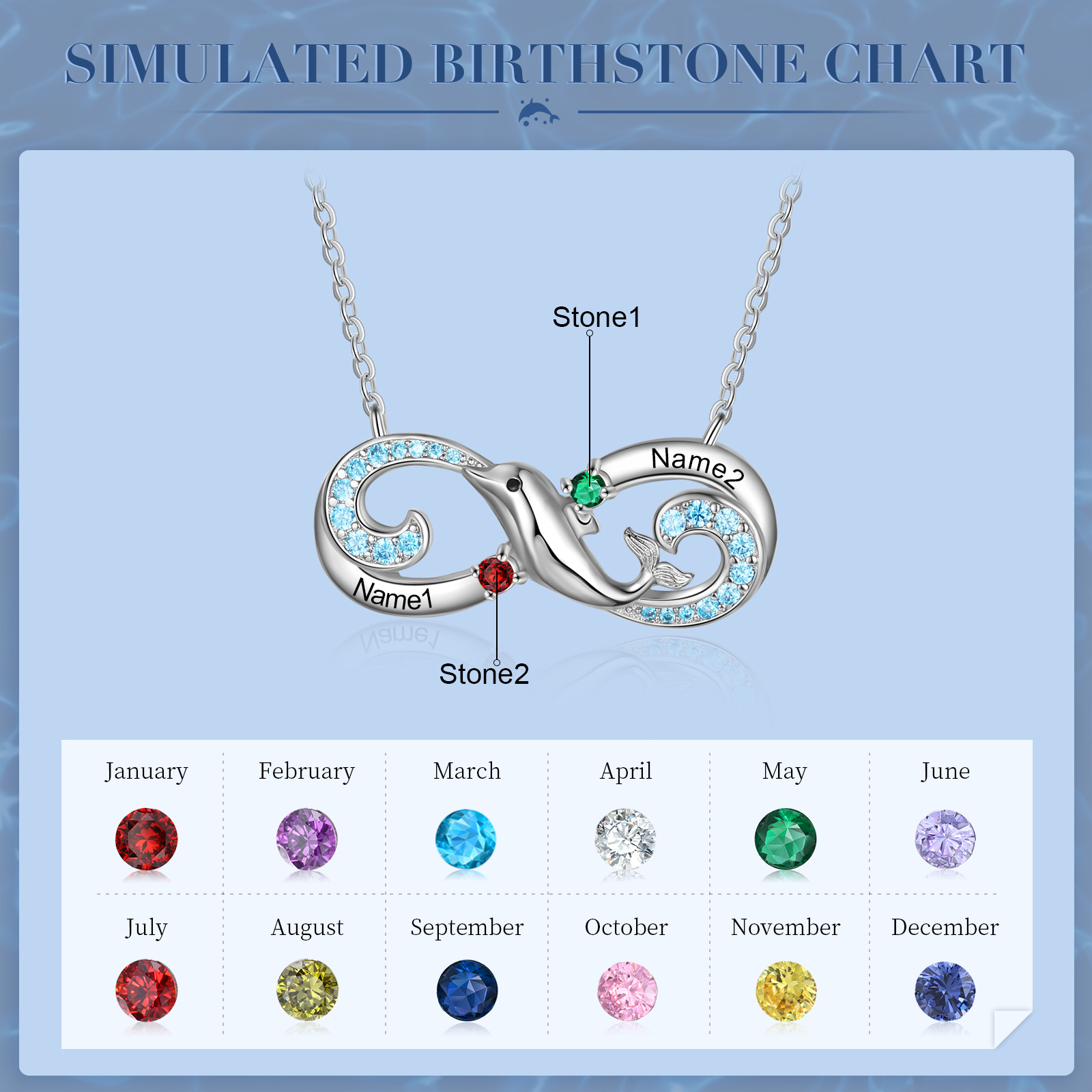 Personalised Infinite Dolphin Necklace With 2 Birthstones Custom Names Best Gift For Her-Jessemade AU