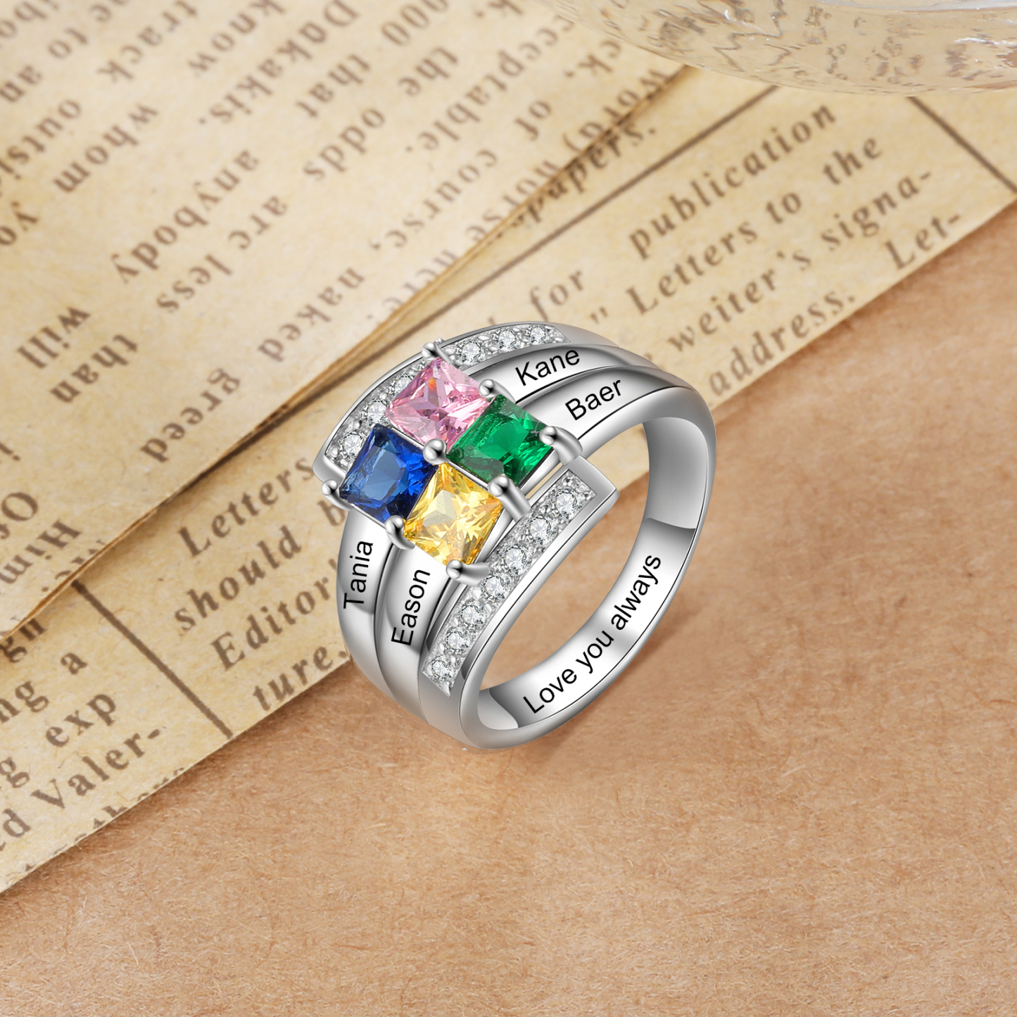 Personalised Mothers Ring With 4 Birthstones Engraved Names Ring Gift For Women-Jessemade AU