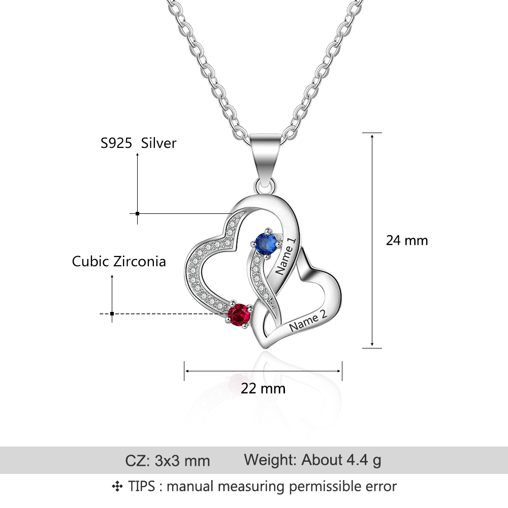 Personalised Heart Necklace With 2 Birthstones Engraved Names Necklace Gift For Women-Jessemade AU