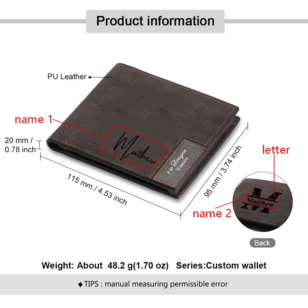 Personalised 1 Letter & 2 Names Billfold Wallet Custom Men's Leather Wallet Gifts for Him Dark Brown-Jessemade AU