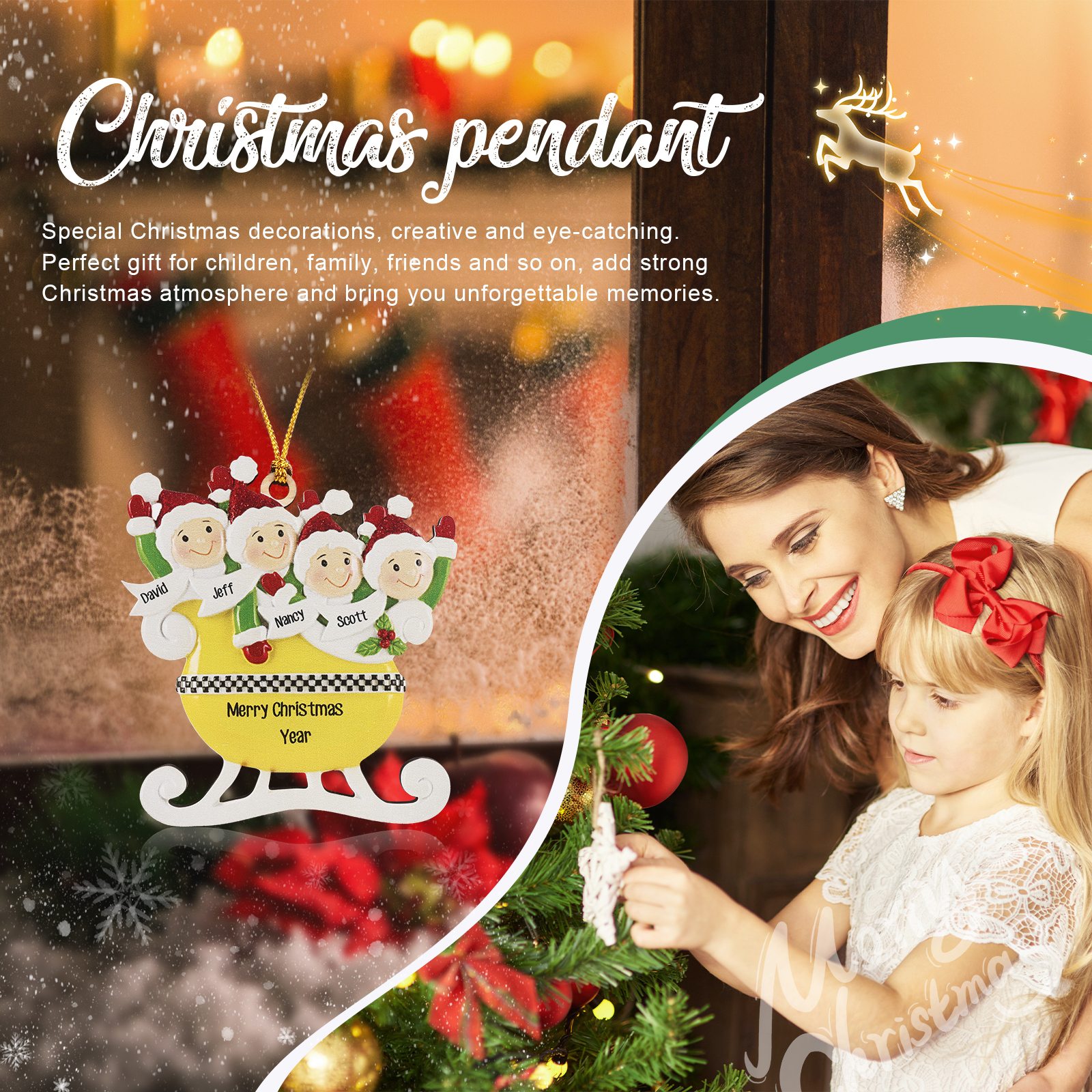 4 Names - Personalised Yellow Sleigh Family Christmas Ornament Customised Name & Text Wooden Hanging Ornaments Christmas Gift for Family-Jessemade AU