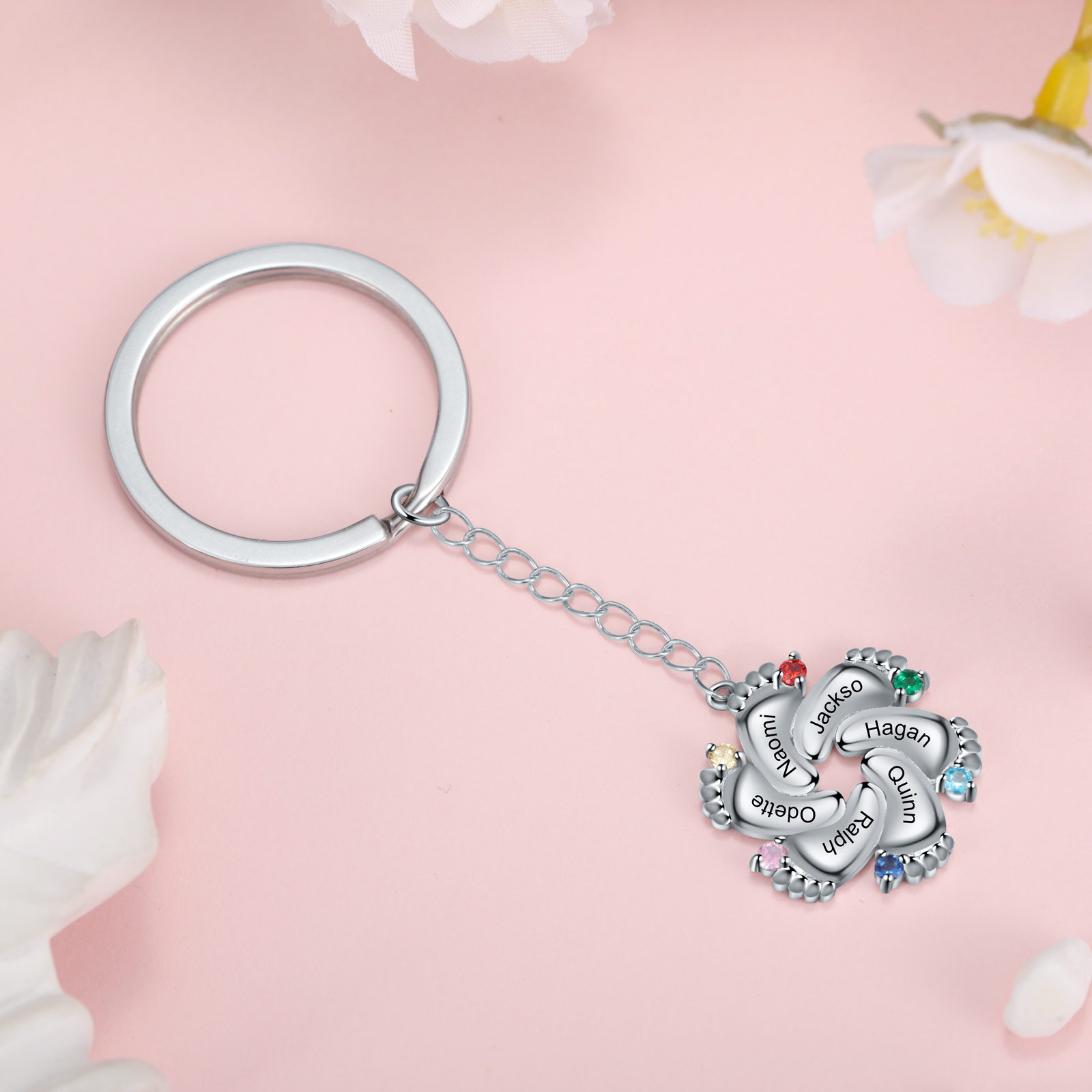 Personalised Baby Feet Keychain With 6 Birthstones Engraved names Keychain Gifts For Mother-Jessemade AU