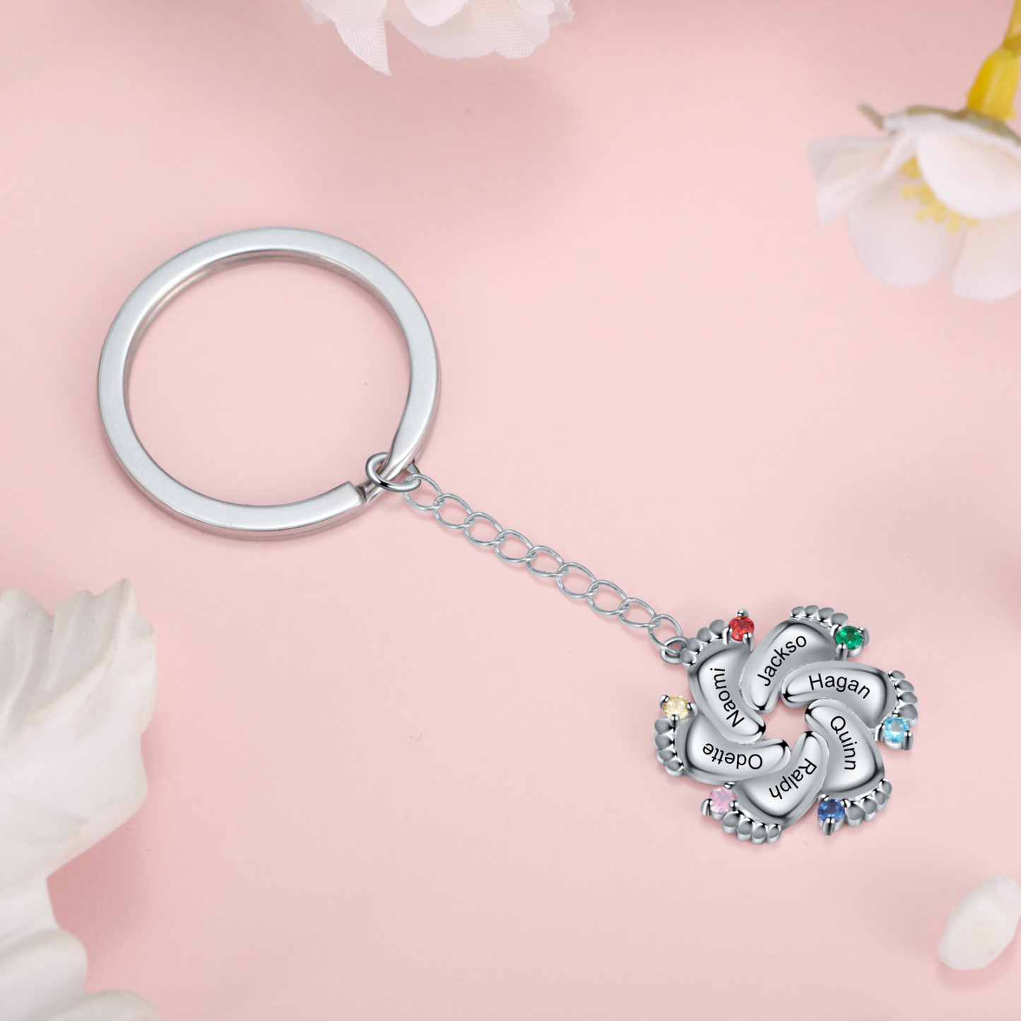 Personalised Baby Feet Keychain With 6 Birthstones Engraved names Keychain Gifts For Mother-Jessemade AU