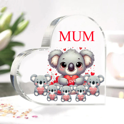 Personalised Acrylic Heart Keepsake Custom 1 Text & 5 Names Ornament Koala Family Gifts for Mother/Grandma-Jessemade AU