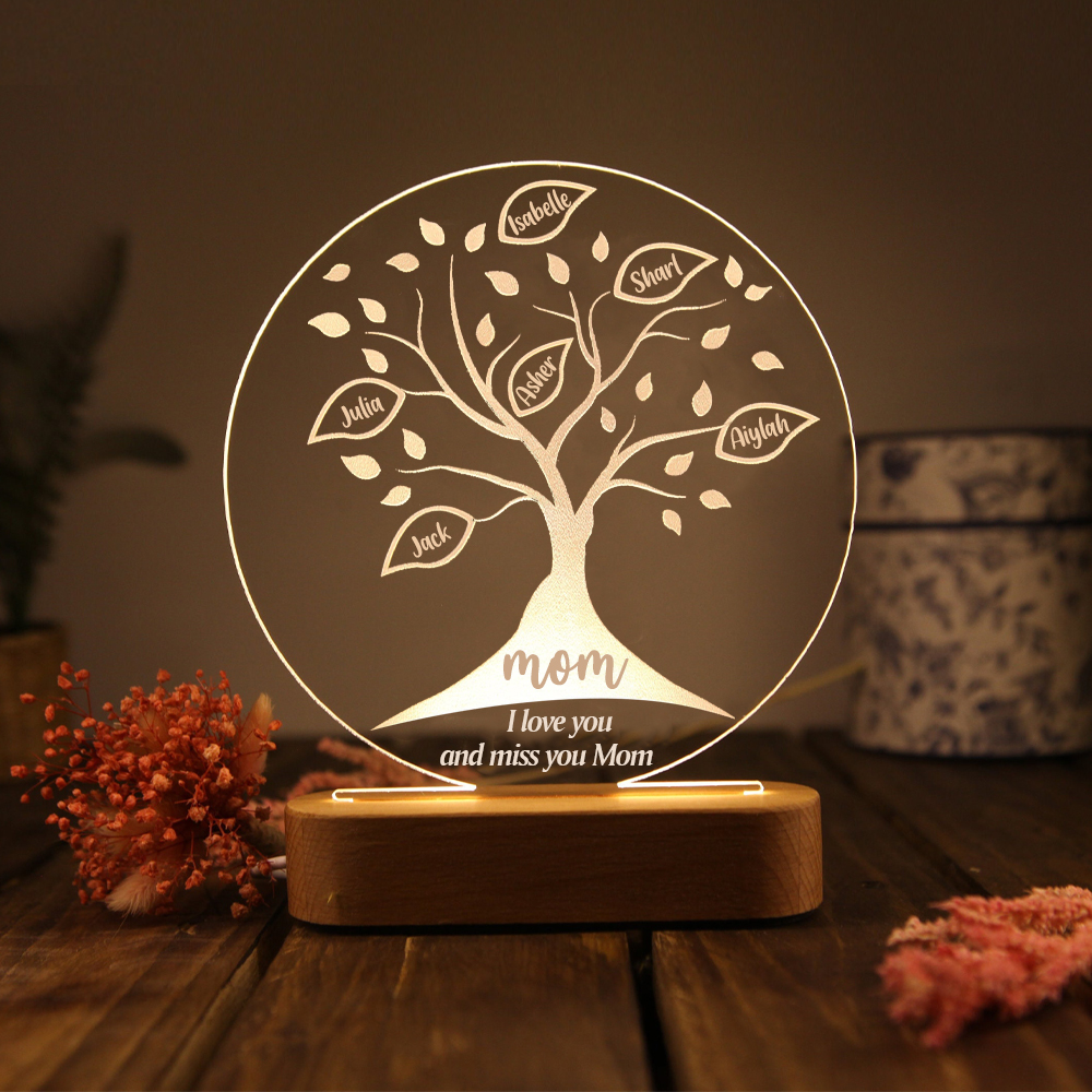 Personalised Family Tree Night Light Engraved 6 Names Wooden LED Lamp-Jessemade AU