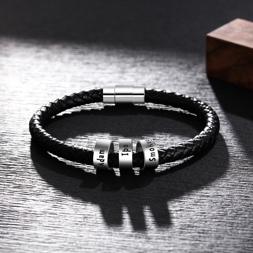 Men Leather Braided Rope Bracelet with 3 Custom Beads Engravable Black Bracelet Gifts for Dad-Jessemade AU