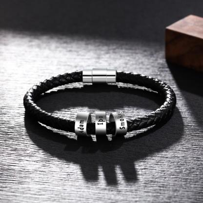 Men Leather Braided Rope Bracelet with 3 Custom Beads Engravable Black Bracelet Gifts for Dad-Jessemade AU