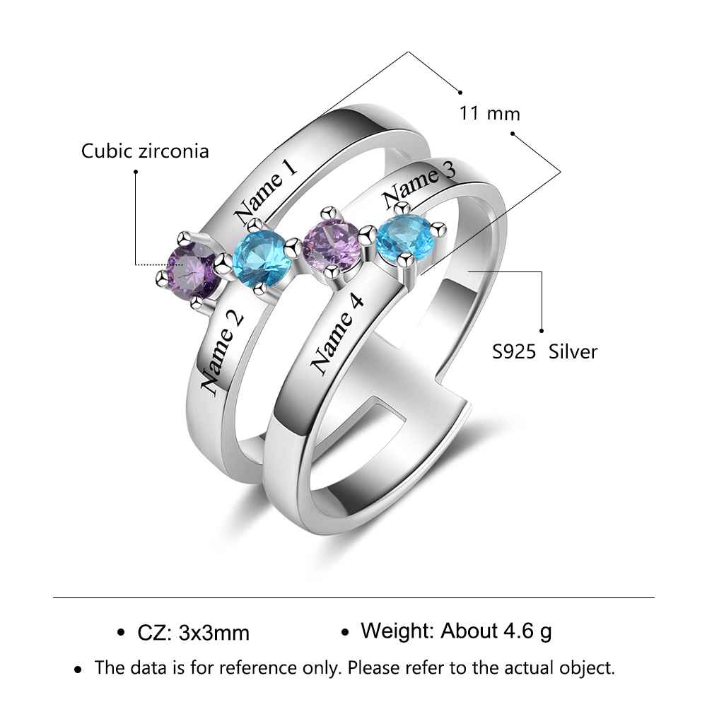 S925 Silver Ring Personalised 4 Birthstones Mothers Ring With Names Gifts For Her-Jessemade AU