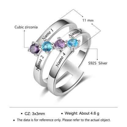 S925 Silver Ring Personalised 4 Birthstones Mothers Ring With Names Gifts For Her-Jessemade AU