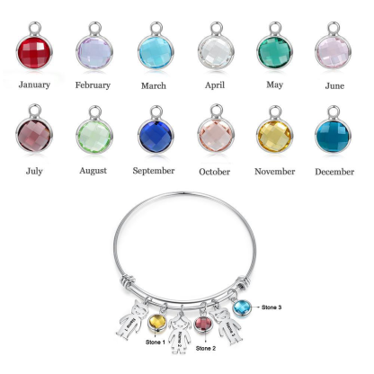 Personalised Kid Charms Bangle Bracelet With Names Customised 4 Birthstones Gift for Her-Jessemade AU