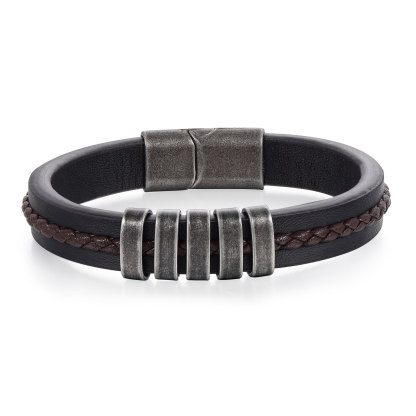 5 Names - Personalised Men's Leather Bracelet Custom Text Beaded Bracelets Vintage Gift for Him