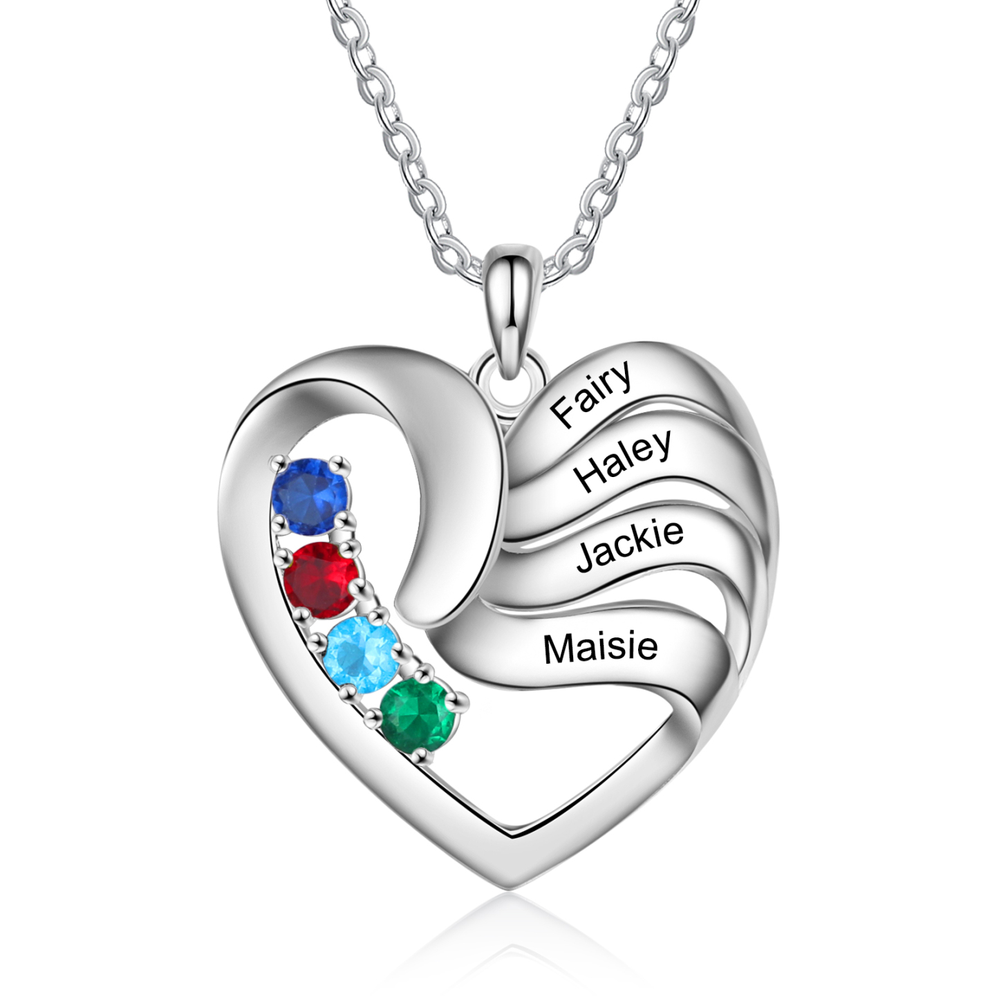Customised Heart Necklace With 4 Birthstones Engraved Names Family Necklace Gifts for Her-Jessemade AU